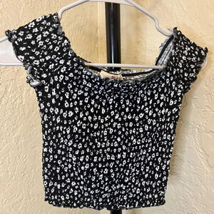 Floral Smocked Tops For Women Crop Top Casual Blouse Black